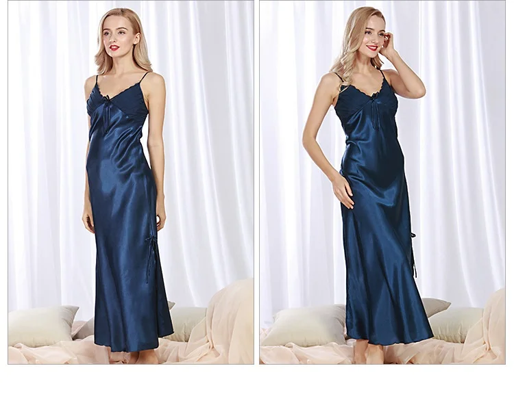 Женская Сексуальная атласная ночная рубашка длинное кружевное платье плюс размер пижамы
