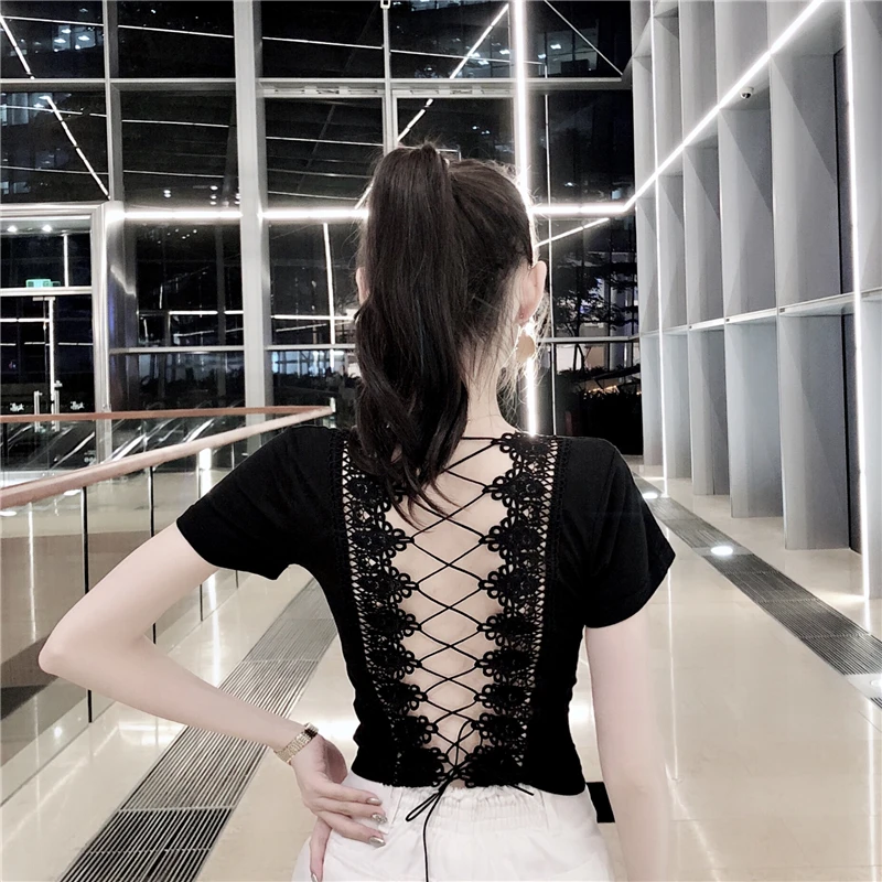 Women Lace Tops Backless T-Shirt Solid Up Open Back Tee Shirt 2018 New Round Neck Short Sleeve | Женская одежда