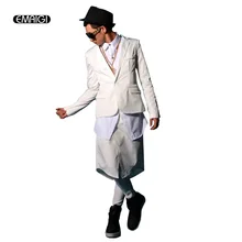 Пользовательские Для мужчин модные комплекты Повседневный Блейзер поддельные два брюки Skrit тонкий белый костюмы мужской этап для певцов в ночном клубе DJ костюм