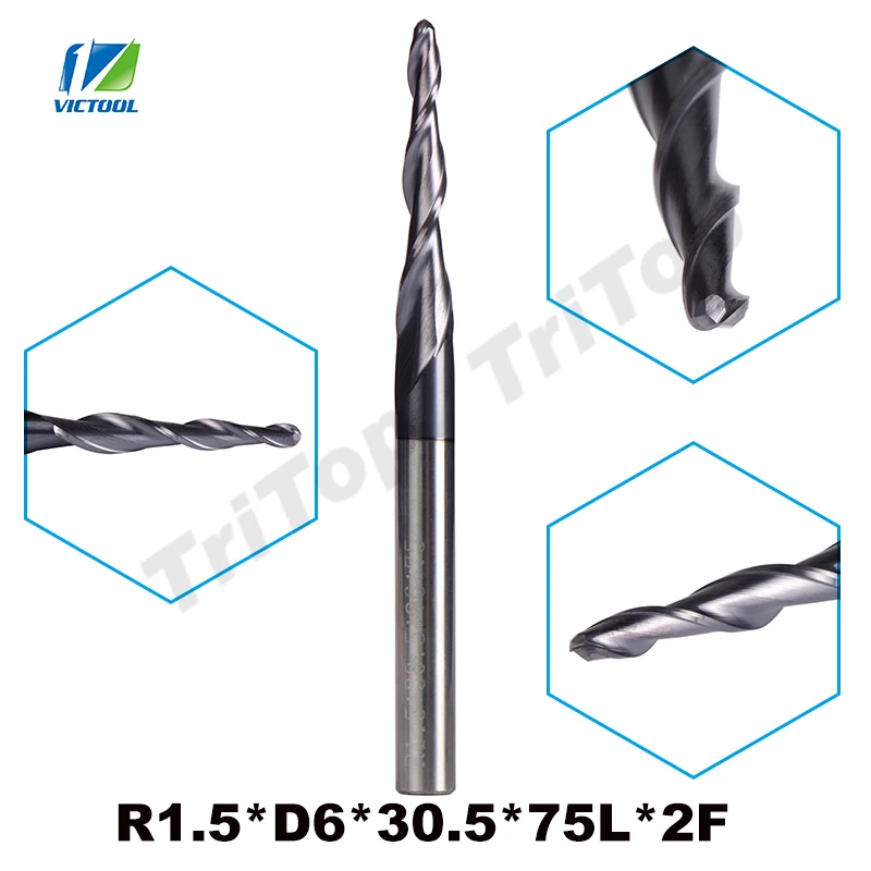 

2pcs/lot R1.5*D6*30.5*75L*2F tungsten carbide Ball Nose cone type Tapered End Mills cnc milling cutter tools