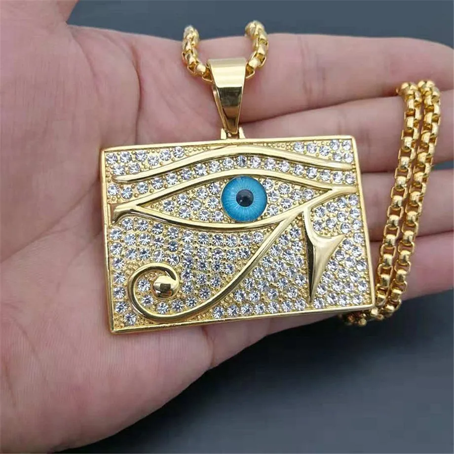 

Men's Necklace Big Eye of Horus Pendant & Chain Mens Gold Color Stainless Steel Iced Out Bling Square Necklaces Egyptian Jewelry