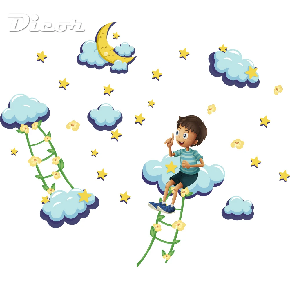 

Cartoon Boy Big Wall Stickers Moon Stars Blue Clouds DIY Anime Poster For Kids Room Gift For Baby Happy Wallpaper Mural 2019 New