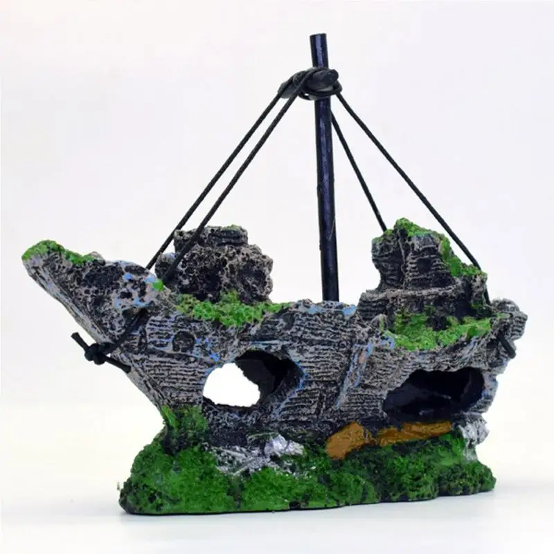 Resin Fishing Shipwreck Boat Aquarium Ornament Plastic Decoration Plant
