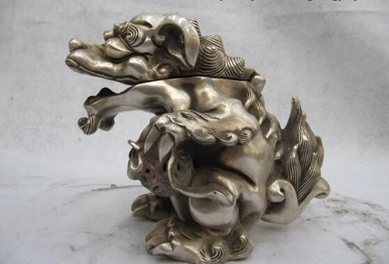 

Collectible bronze lion statue S0193 China Folk White Copper Silver Feng Shui Evil Foo Dog Lion Monster Beast Censer B0403