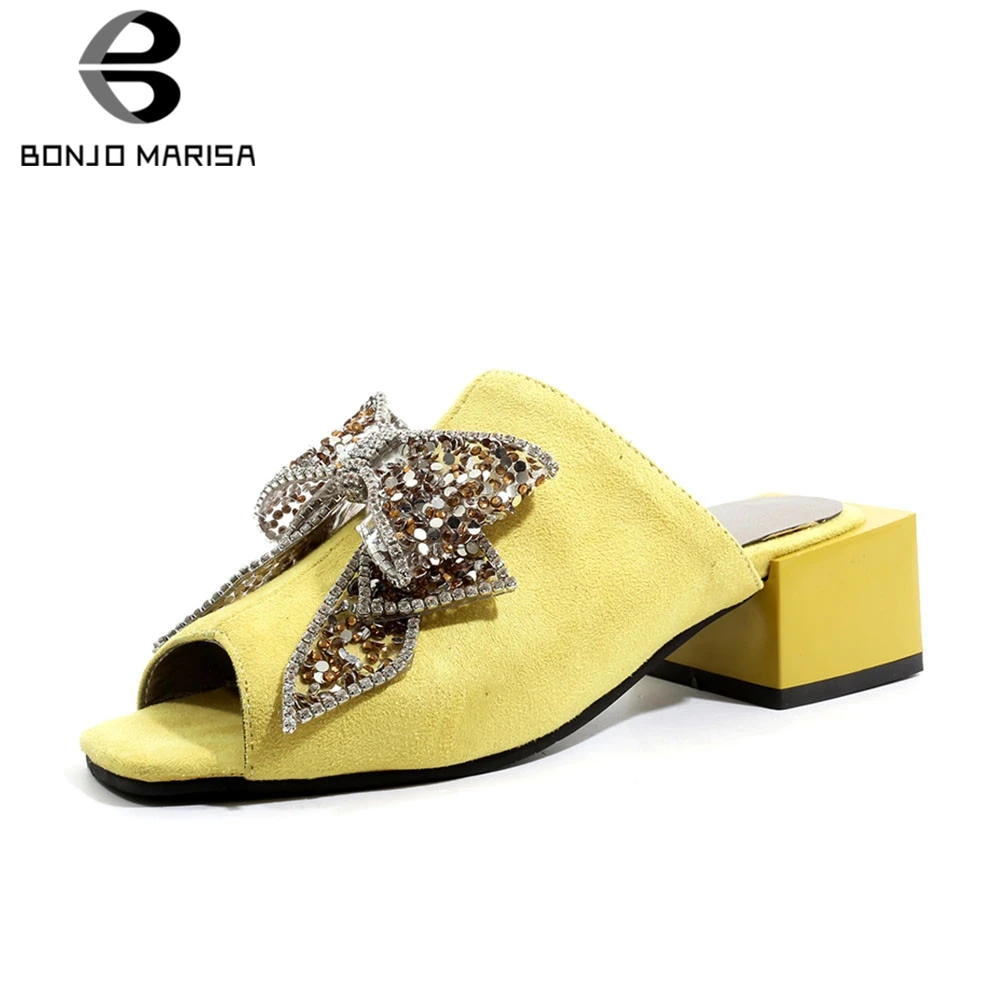 

BONJOMARISA Brand New Plus Size 32-48 Peep Toe Crystal Bowtie Ladies High Heels Mules Shoes Woman Causal Summer Slippers 2019