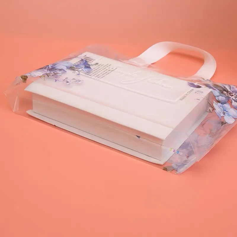 50 шт/партия прозрачный пластиковый подарочный пакет с ручками фиолетовый цветок печать одежда хозяйственные сумки для упаковки большой