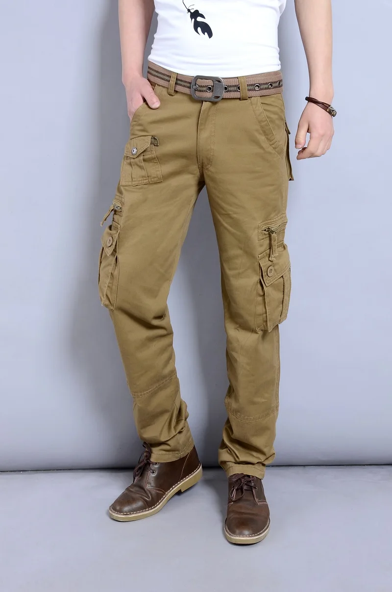 Брюки карго мужские рабочие брюки свободный крой хлопок прямые ноги Повседневная рабочая одежда с Мути карманами - Цвет: Khaki Man Pants