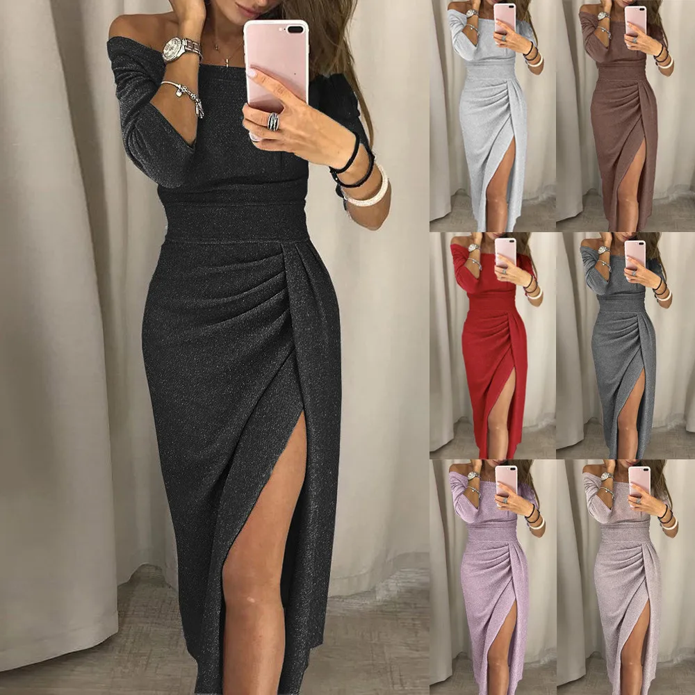 

Vestidos Fashion Spring Summer Women Off Shoulder High Slit Bodycon Dress Short Sleeve Bodycon Slim Split Dresses Robe Femme