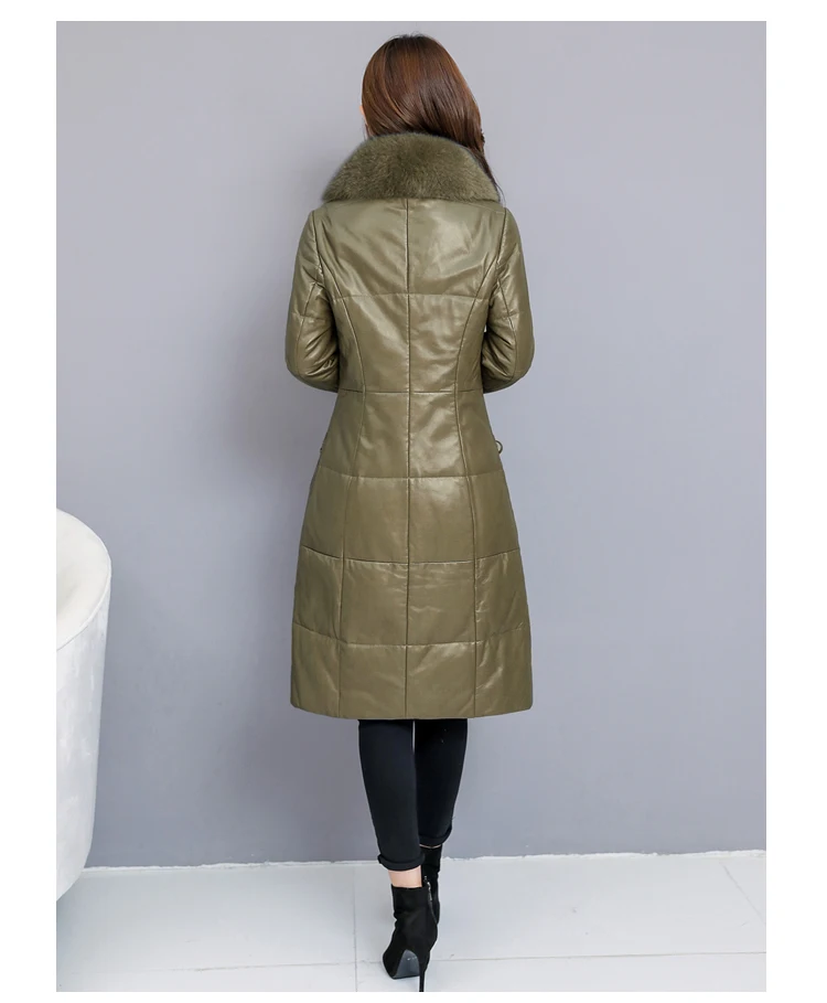 HANZANGL Высокое качество Зимний женский кожаный пуховик съемный воротник из лисьего меха тонкий размера плюс кожаный пуховик пальто