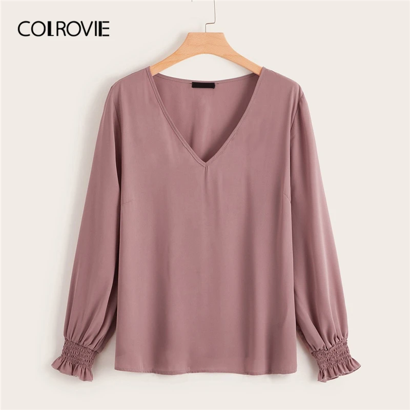 

COLROVIE Plus Size Pink Solid V Neck Frilled And Shirred Cuff Elegant Blouse Women 2019 Summer Bishop Sleeve Casual Shirts Tops