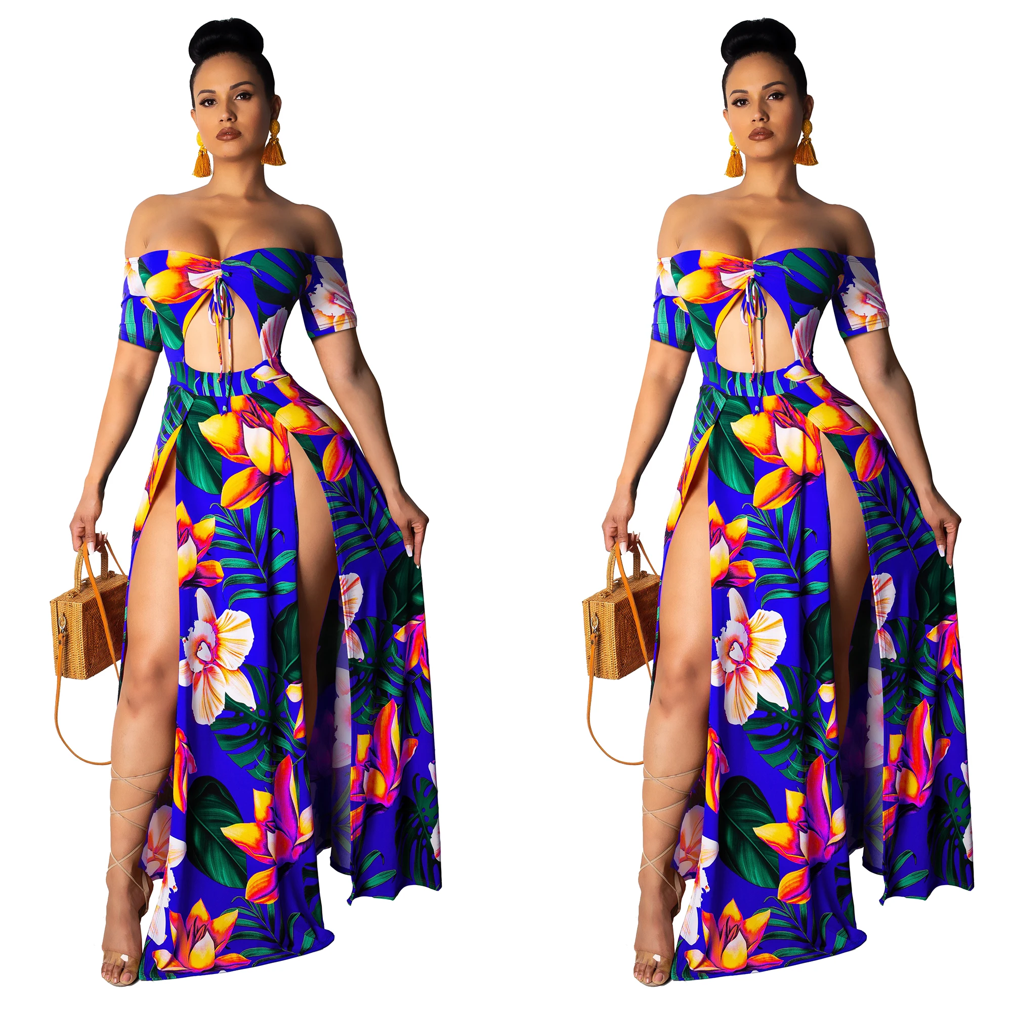 Fashion Women Summer Boho Floral Long Maxi Split Party Beach Dress Sundress - Цвет: Синий