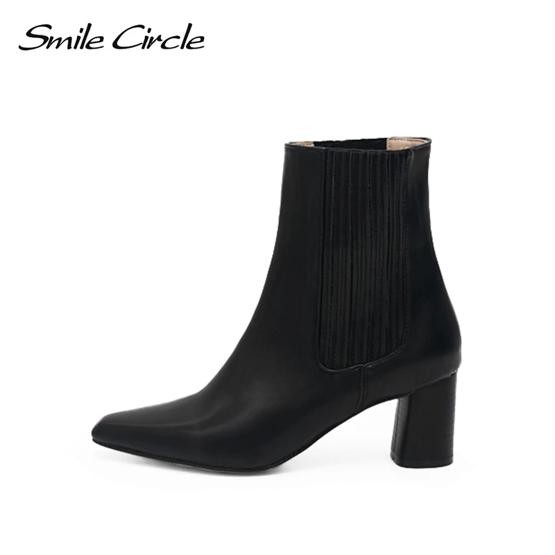 

Smile Circle Autumn high heels PU leather Boots Women slip-on Booties Fashion pointed toe Women's Shoes
