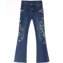 9xl стрейч вышивка цветы джинсы большой размер Средняя Талия Длинные Брюки расклешенные брюки