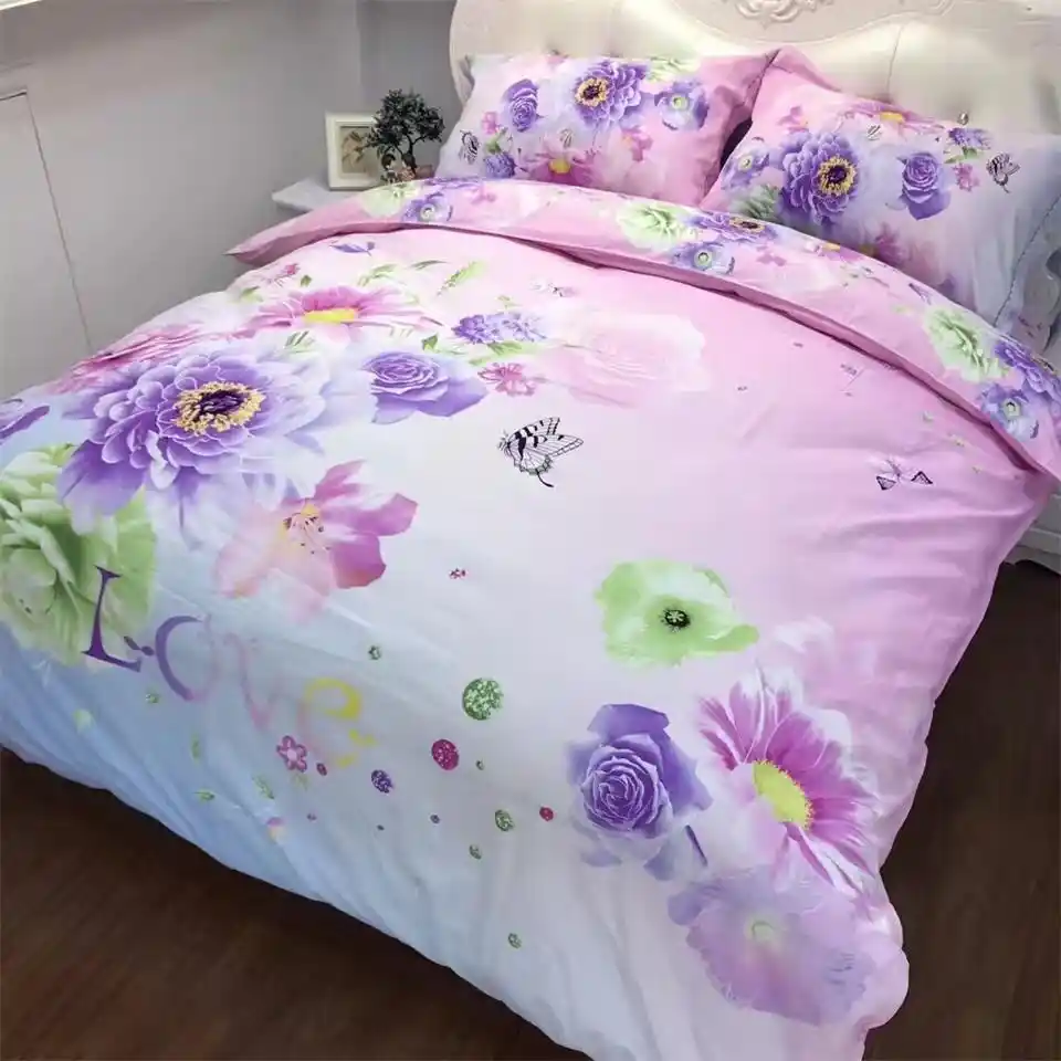 Bright Colored Flowers Camellia Daisy Bedding Set Queen Size Cotton Printed Duvet Cover Bedlinens Girls Bedroom Set 4pcs