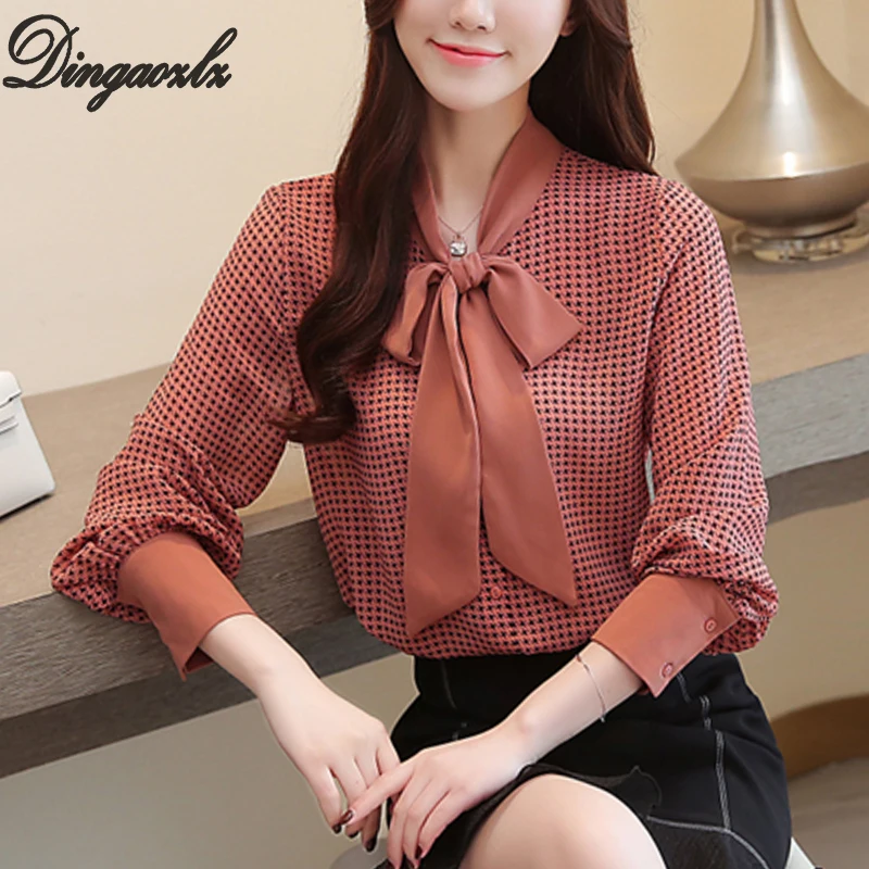 

Dingaozlz printed chiffon blouse new korean elegant female bow stitching chiffon shirt casual clothing long sleeve women tops