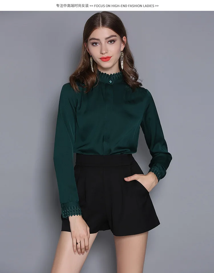 Blusa Для женщин Вышивка Блузка Элегантный Зеленый атласная рубашка кружевной воротник с длинными рукавами женский формальный офисная OL Блузка Для женщин топы