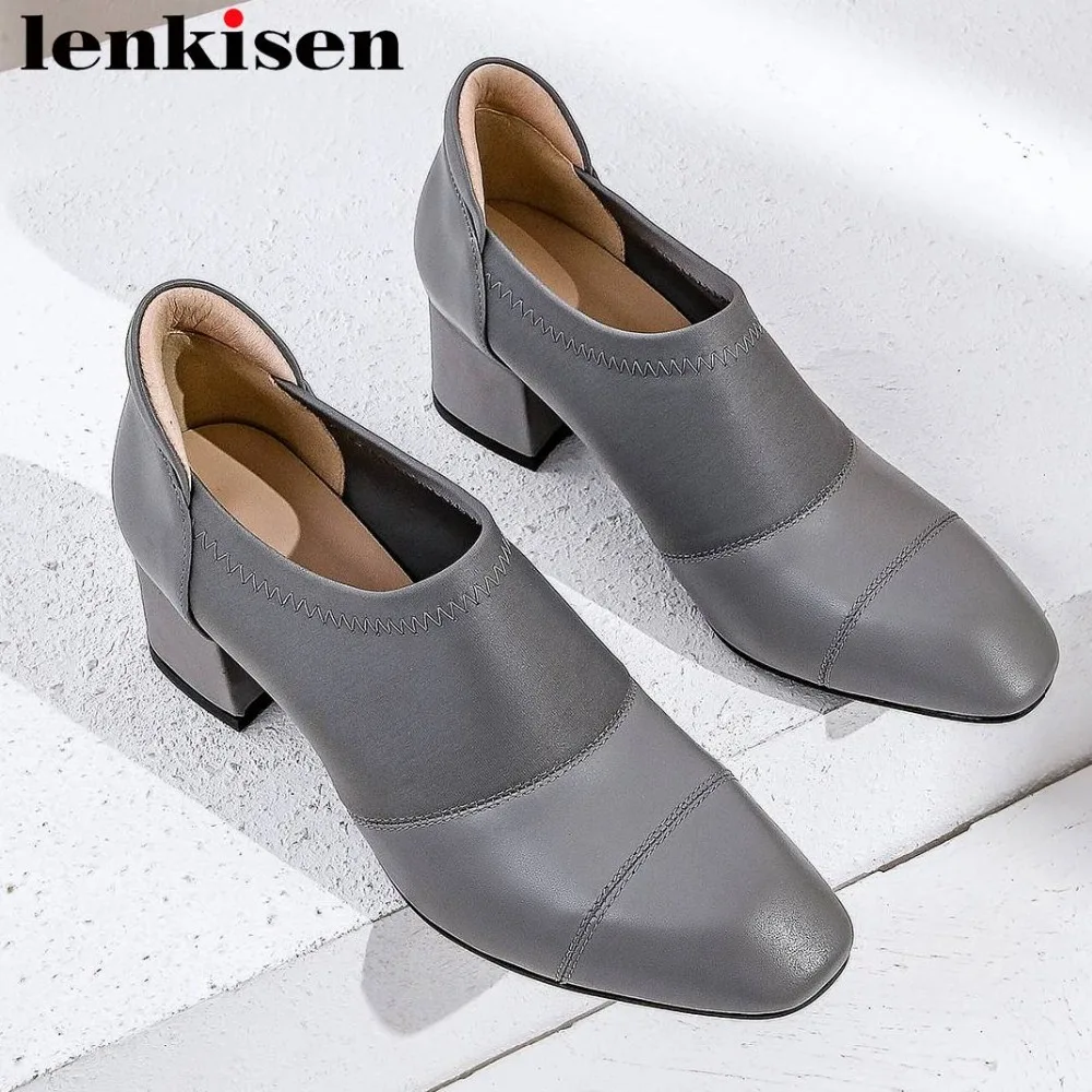 

Lenkisen 2019 office lady chunky heels slip on genuine leather dress career women pumps vintage square toe comfortable shoes L10