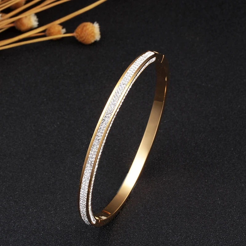 

Luxury Brand Open Cuff Bangles Stainless Steel Round Rose Gold Color Zirconia Crystal Bracelet for Women Jewelry Pulseiras