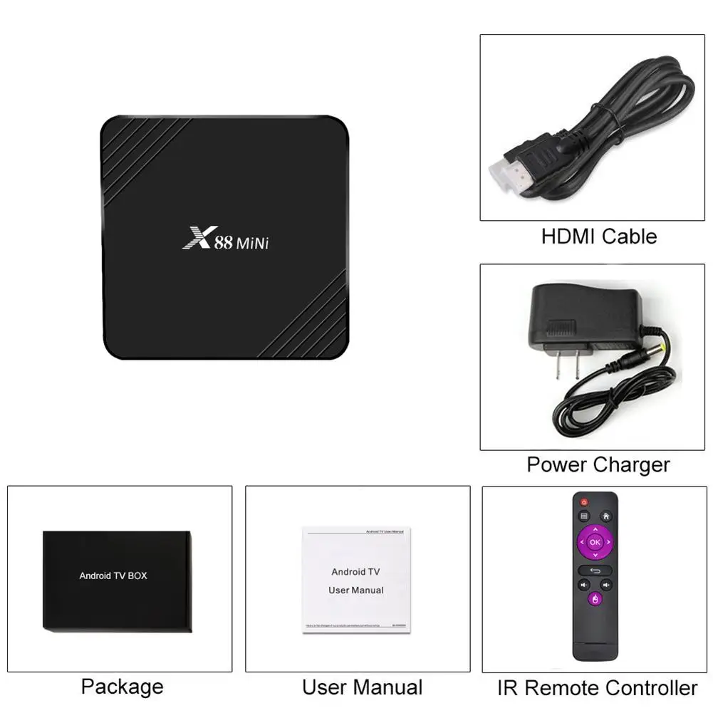 X88 Мини Смарт WiFi 4K HD tv Box сетевой плеер 2G+ 16G RK3318 для Android 9,0 телеприставка DC5V 2.5A с HDMI кабелем