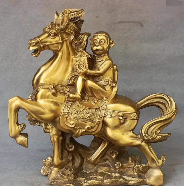 

15" China Brass Copper Palace Feng shui Hold Seal Monkey Ride Horse Art Statue