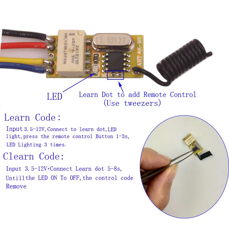 3 в 3,7 в 5 в 6 в 7 в 9 в 12 В мини-релейный беспроводной переключатель с пультом дистанционного управления, светодиодный микроприемник, передатчик, система 3 В-12 В, переключатель