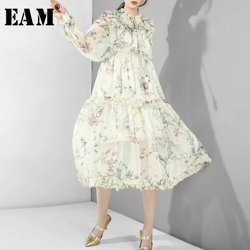 

[EAM] 2019 New Autumn Winter Stand Collar Long Sleeve Pattern Printed Ruffles Loose Temperament Dress Women Fashion Tide WG8480