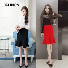 JFUNCY 3XL 4XL женские Юбки Русалки с оборками весенние элегантные однотонные черные и красные женские юбки с высокой талией Миди офисные женские юбки