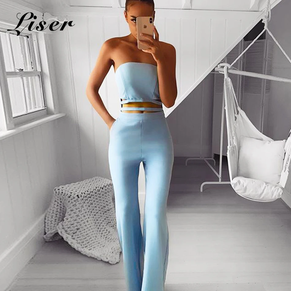 

Liser 2019 New Summer Women Jumpsuits Strapless Hollow Out Bandage Jumpuit Sexy Bodycon Evening Party Sky Blue Jumpsuit Vestidos