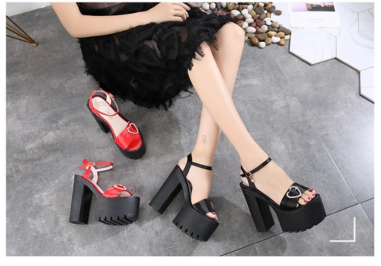 G-sparrow 14CM Comfortable Platform High Heels Thick Buckle Diamond Sandals Female Red Wedding Shoes Summer 2018 New Black23