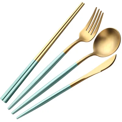 4pcs/set Reusable Matte Fork Spoon Knife Chopsticks Cutlery Set 304 Stainless Steel Dinnerware Set European Style Tableware - Цвет: 4pcs set A