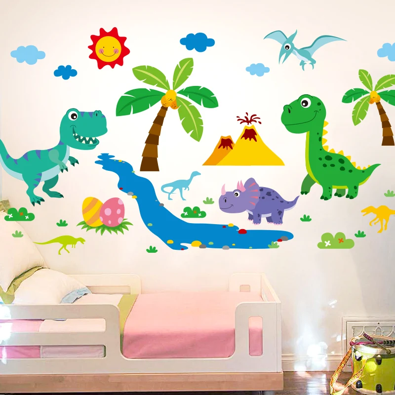 [SHIJUEHEZI] мультфильм динозавра Животные стены стикеры сделай сам кокосовой пальмы настенные наклейки дом Детская комната украшение для детской спальни