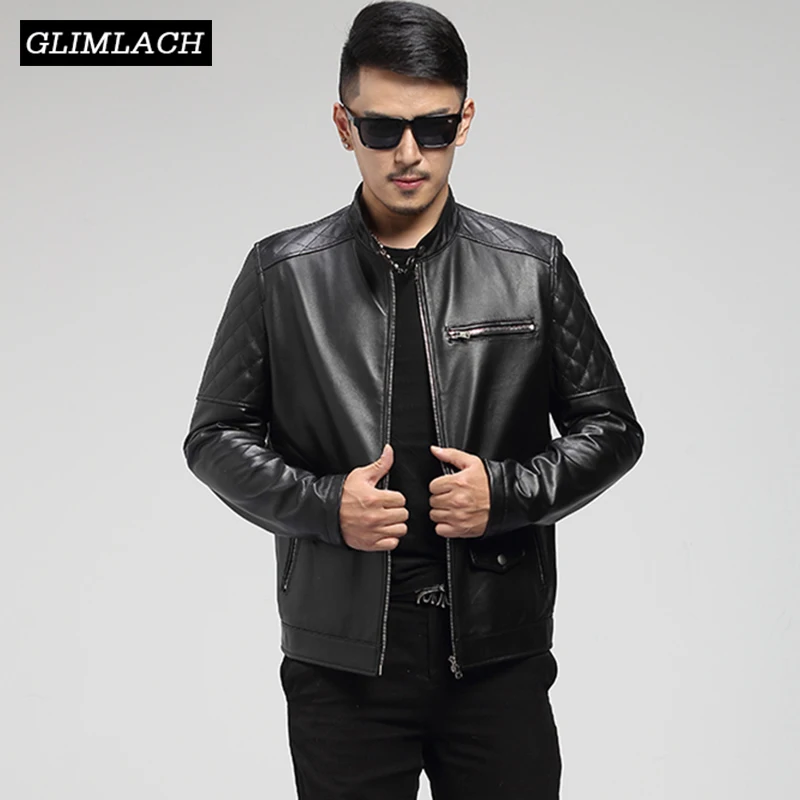 

2019 Men Black Genuine Leather Jackets Biker Men Sheepskin Real Leather Coats Mens Slim Fashion Plaid Short Motorcycle Jacket