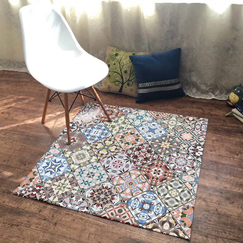 Мозаичный ромбовидный ковер в богемном стиле, Европейский цветочный квадратный коврик для гостиной, дверной коврик, коврик для спальни, плюшевый нескользящий прикроватный коврик