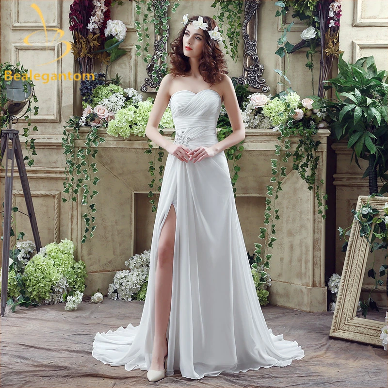 Bealegantom 2017 Chiffon font b Wedding b font Dresses With Beading Lace Up Floor Length font