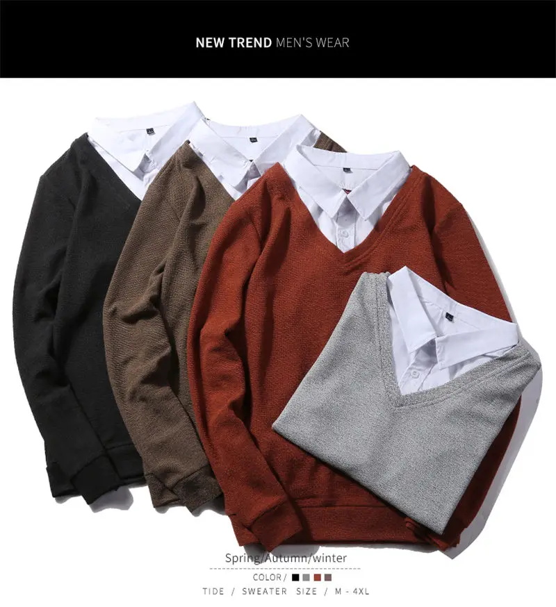 2019 New Fashion Simulation 2 Sweatshirts Male Solid Hoody False 2PCS Hoodies Men Shirt Collar Autumn Spring Winter Streetwear 02