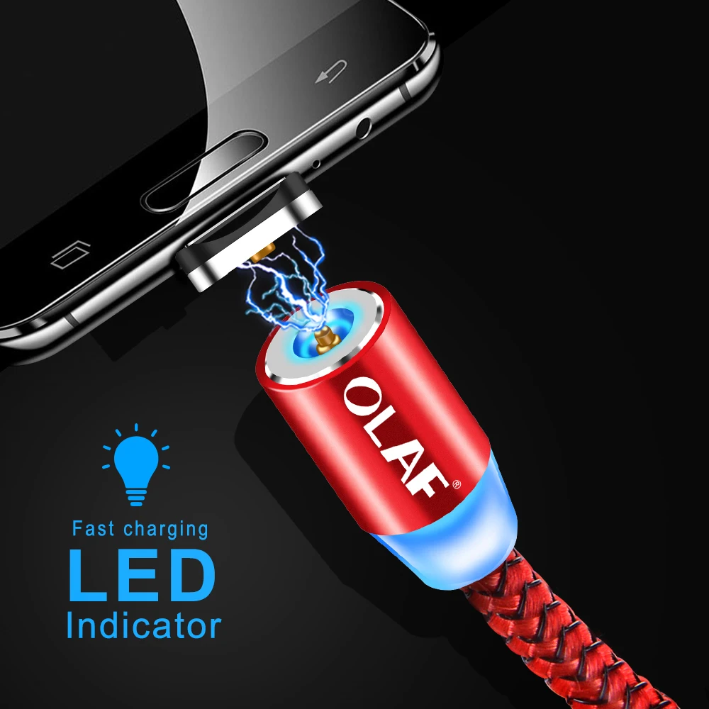Магнитный зарядный кабель OLAF 1 м 2 Micro USB для iPhone XR XS Max X Type C светодиодный