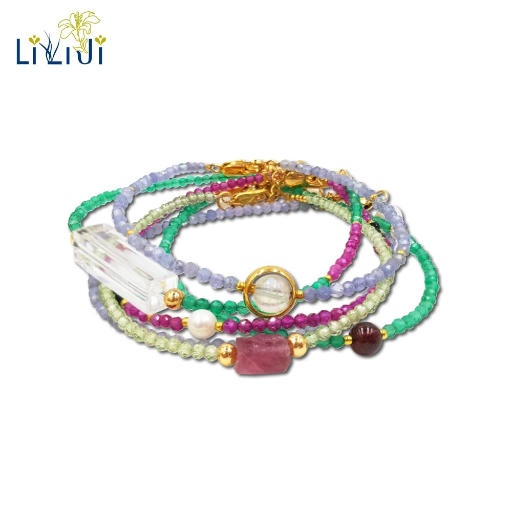 

Lii Ji Unique Natural Stone Green Onyxs,Peridots,Tanzanites,Lab-created Rubys,Moonstone,Clear Quartzs Bracelet 17cm-19cm