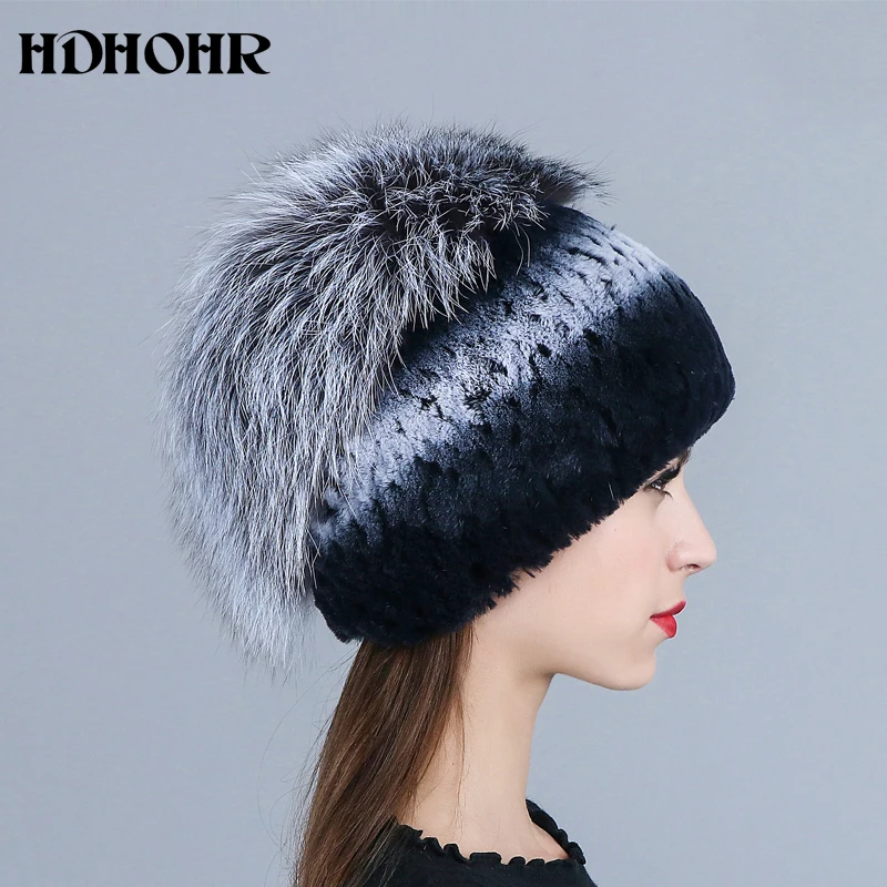 HDHOHR Новые шапки из натурального меха, натуральная шапка из меха кролика Рекс, мех серебристой лисы, шапки бини, женские зимние толстые теплые головные уборы