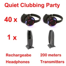 Silent Disco complete system black led wireless headphones – Quiet Clubbing Party Bundle (40 Headphones + 1 Transmitter)