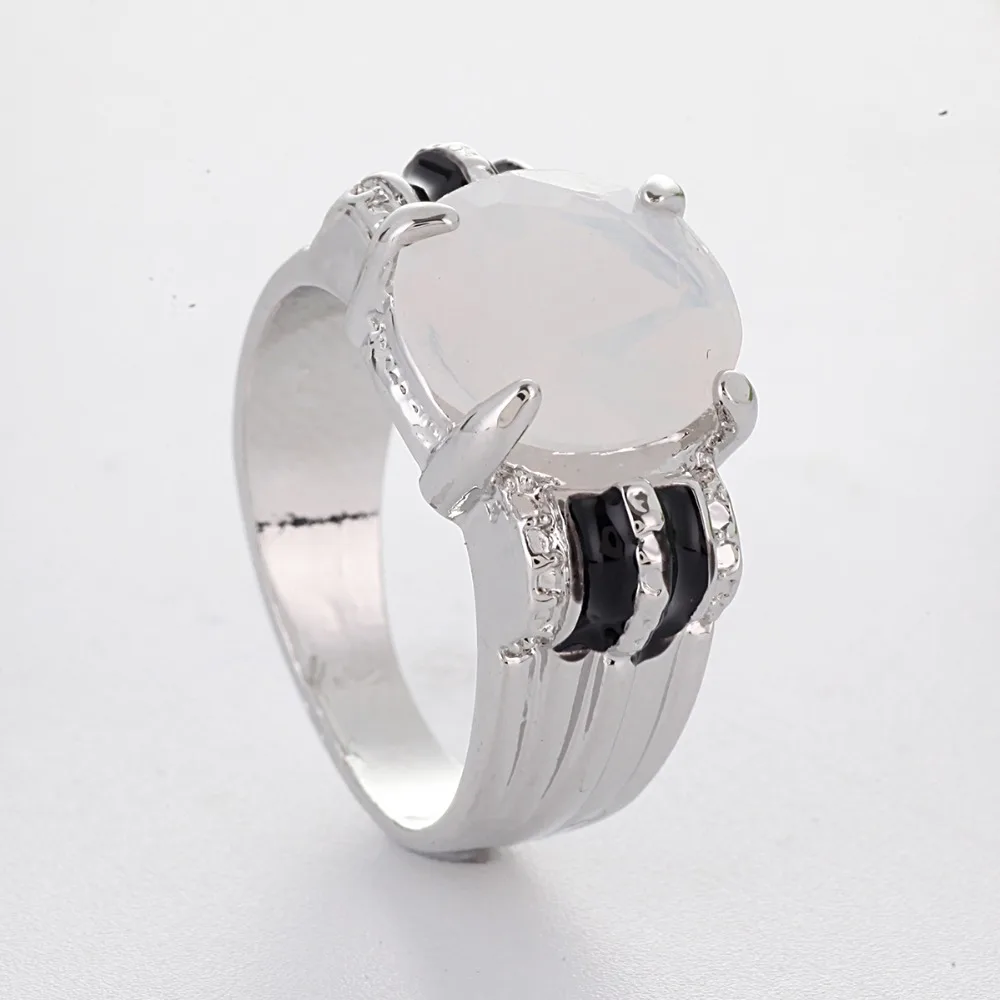 Rainbow Moonstone Party Ring Round Wedding Ring Silver Color Rings for Women Girl Fashion Jewelry Anillos Mujer O5Q596