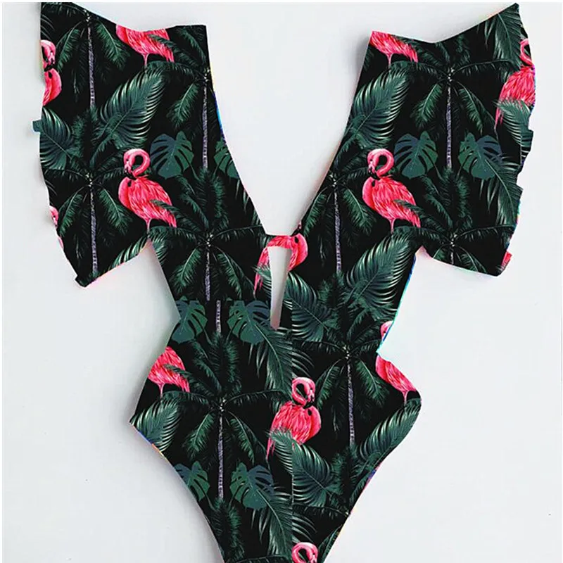 Sexy Deep V Ruffled One Piece Swimsuit Hot Design Women One Piece Swimwear Flamingo Print Backless Bathing Suits Beach Wear