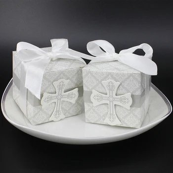 

20PCS DIY Church Wedding decoration The Cross Paper Cube Candy Boxes Bow Ribbon Classy presentation box For Chocolate Home Decor