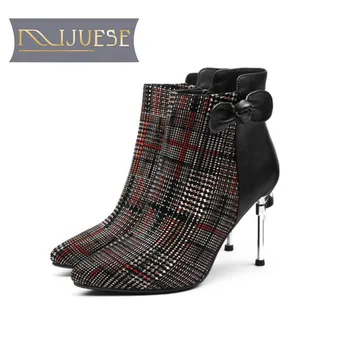 

MLJUESE 2019 women ankle boots Kid Suede Totem mixed colors winter warm boots high heels women boots party dress size 33-41