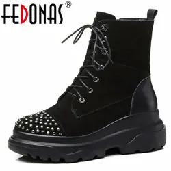 FEDONAS/зимние теплые ботинки на платформе; женские ботильоны с перекрестной шнуровкой; замшевые короткие сапоги из коровьей кожи; Новые