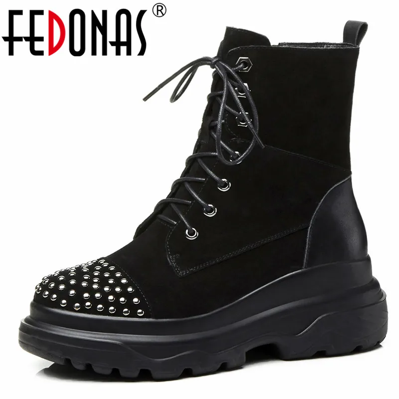 

FEDONAS Winter Classic Round Toe Flats Women Ankle Boots Cross Tied Cow Suede Short Boots Punk Rivets Party Office Shoes Woman