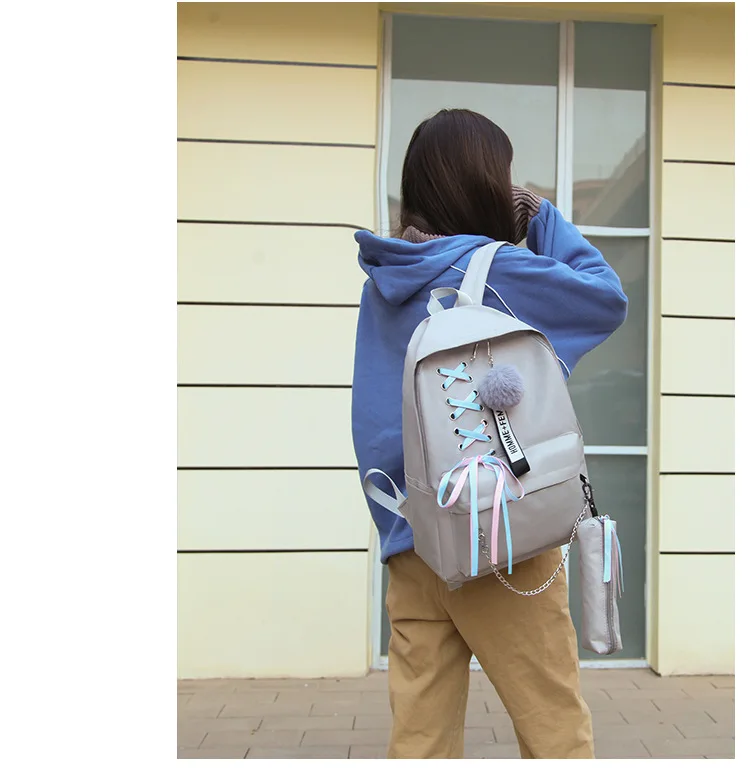 Women Backpack Korean Fashion Ribbon Bow 5pcs Cover Mother Bag Wild Large-capacity School Bag