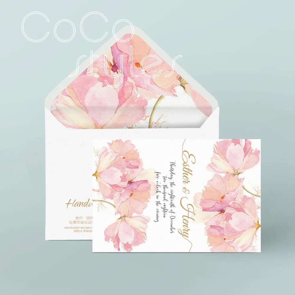  Cocostyles custom beautiful gold foil edge baby pink floral invitation card with match envelope for - 32894235775