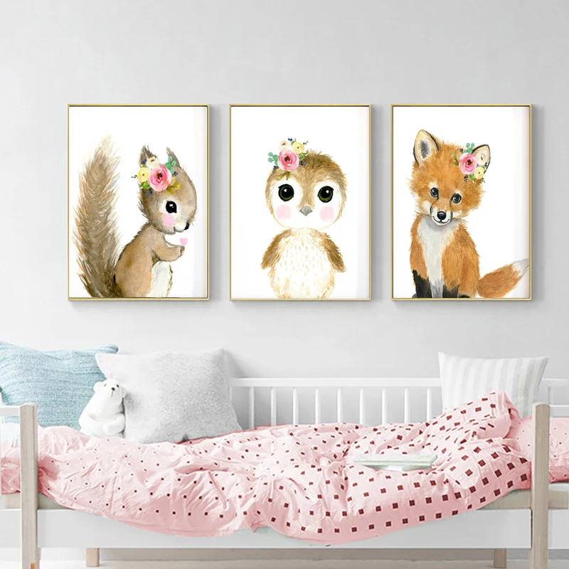 

Floral Fawn Canvas Painting Woodland Animal Posters and Prints Baby Shower Watercolor Animal Wall Art Pictures for Living Room