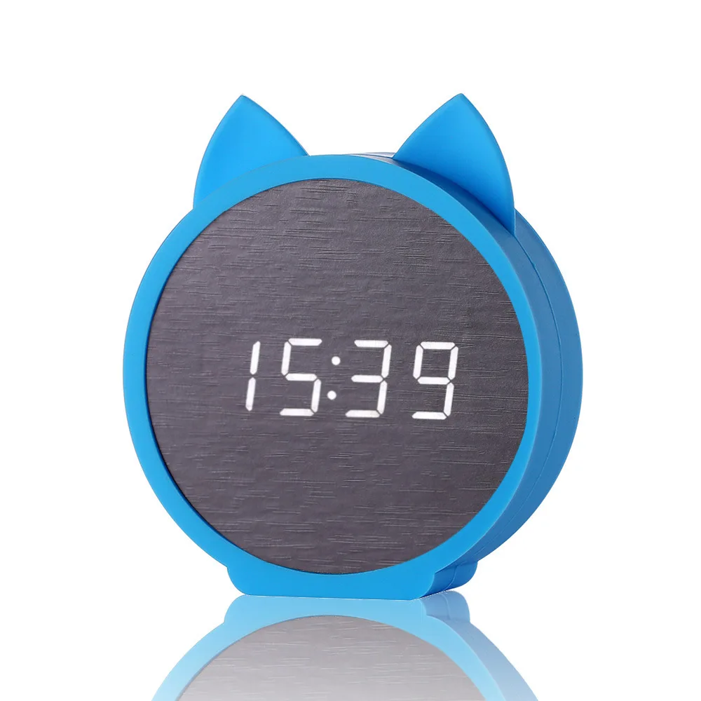 blue2 Милый Кот мультфильм силиконовый детский Будильник Деревянные Настольные Часы светодиодный Календарь Голосовое управление цифровой настольный часы детский подарок - Цвет: blue2