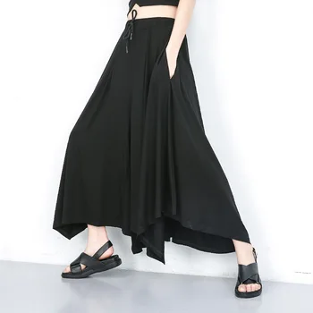 

SeeBeautiful New Fashion 2020 Spring Elastic Waist Trousers Pulling Rope Splicing Pockets Large Size Wide Leg Pants Women U809